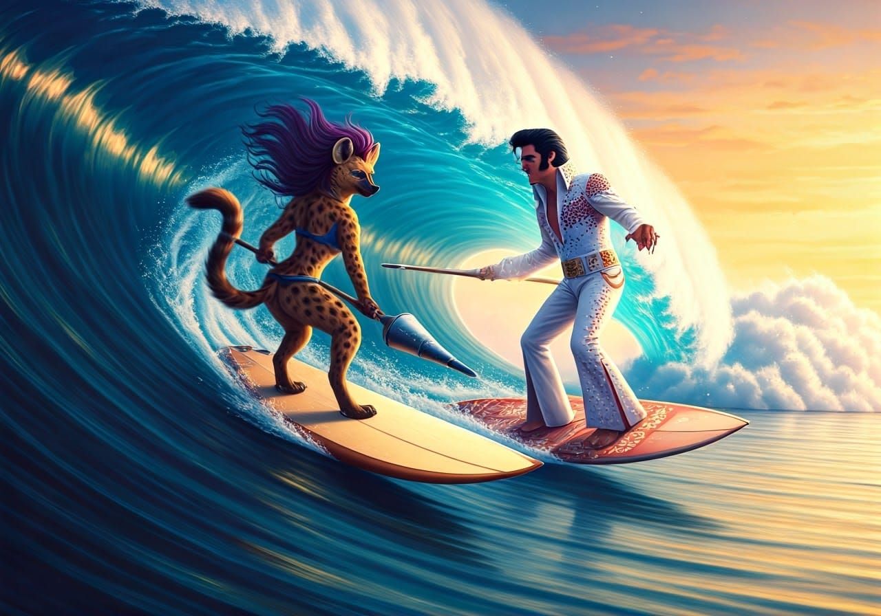 Surreal Surfing Hyena Meets Elvis in Epic Jousting Match
