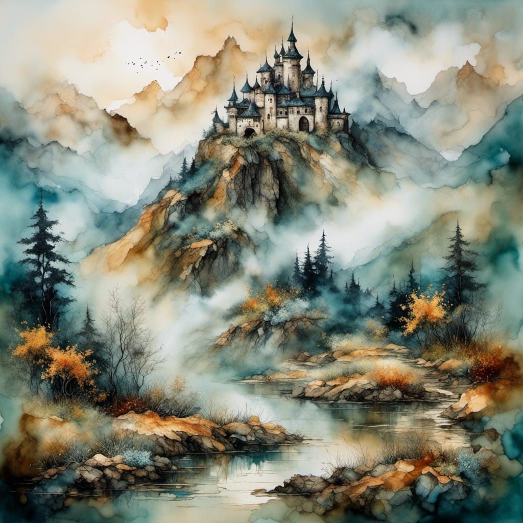 Misty Mountain Castle in Detailed Ink Drawing