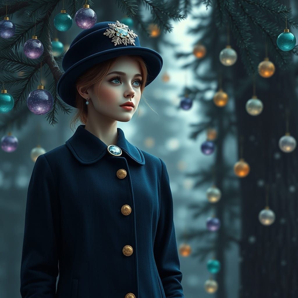 Young Woman in Midnight Blue Coat Beside a Towering Fir Tree