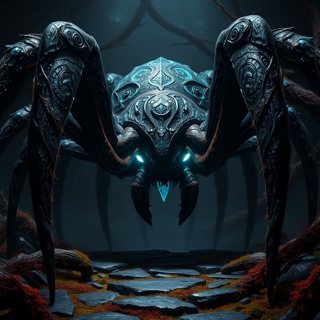 Colossal Spider Emerges from Shadows in Fantasy Art