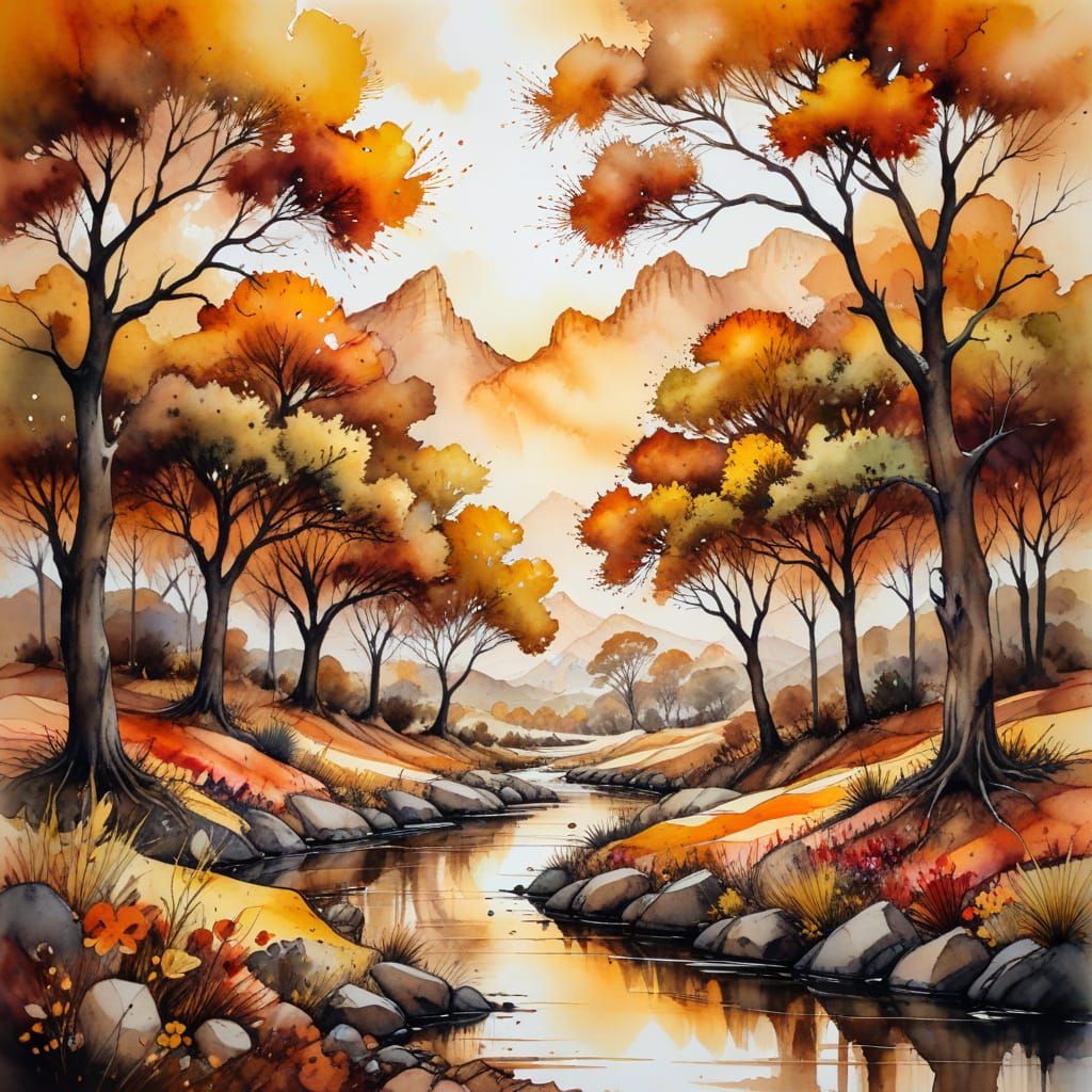 South African Autumn Landscape in Watercolour
