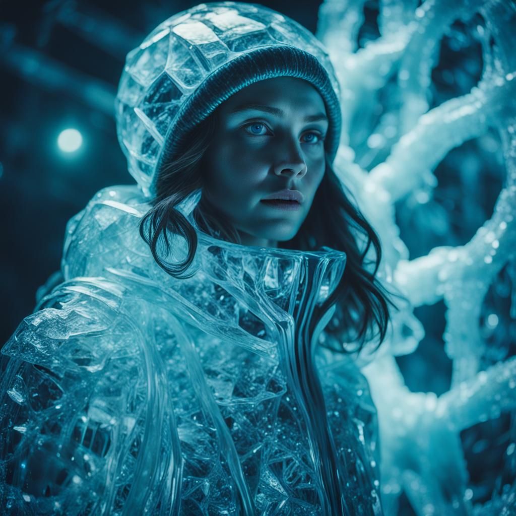 Bioluminescent Ice Statue of a Woman