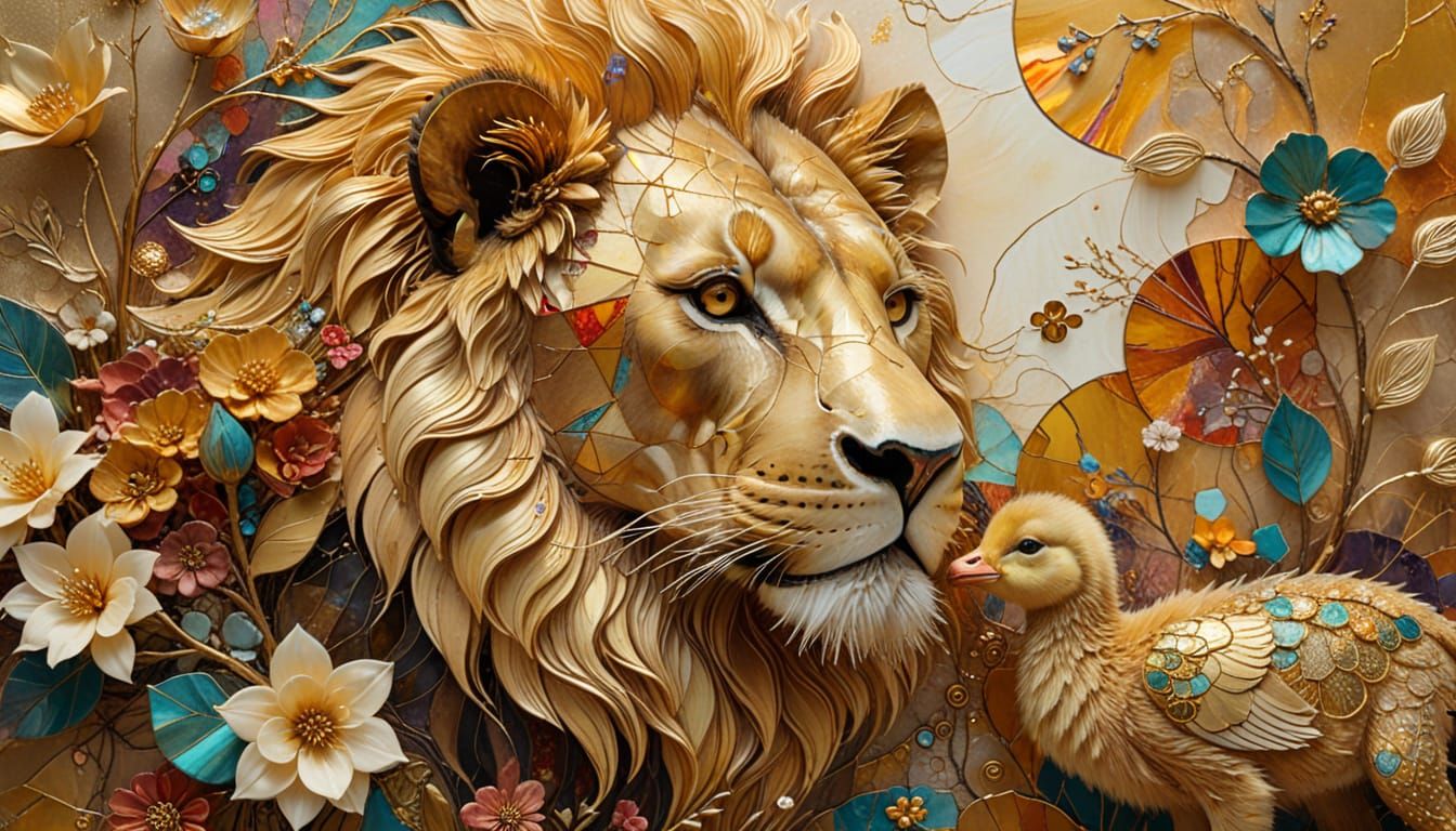 Surreal Lion and Duckling with Abstract Flowers