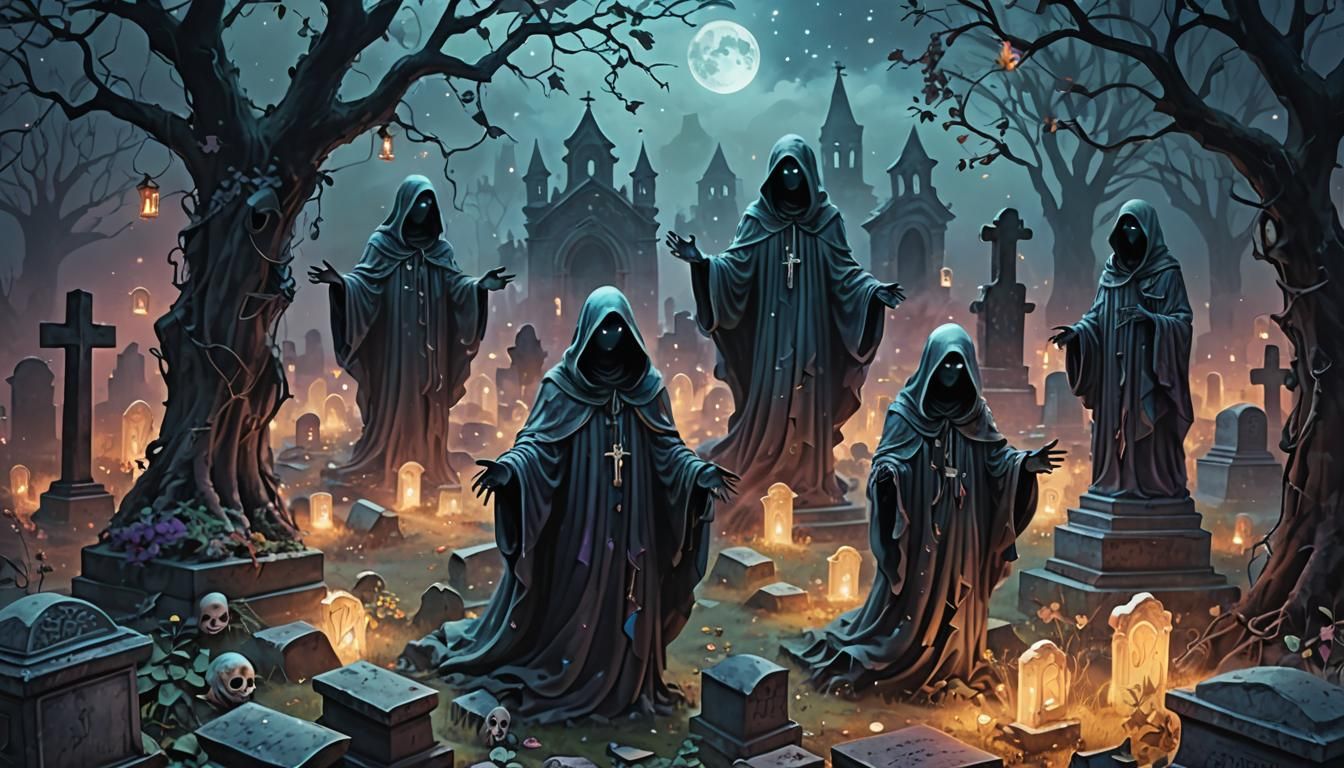 Cute Ghosts in Graveyard: Dark Whimsy Digital Art