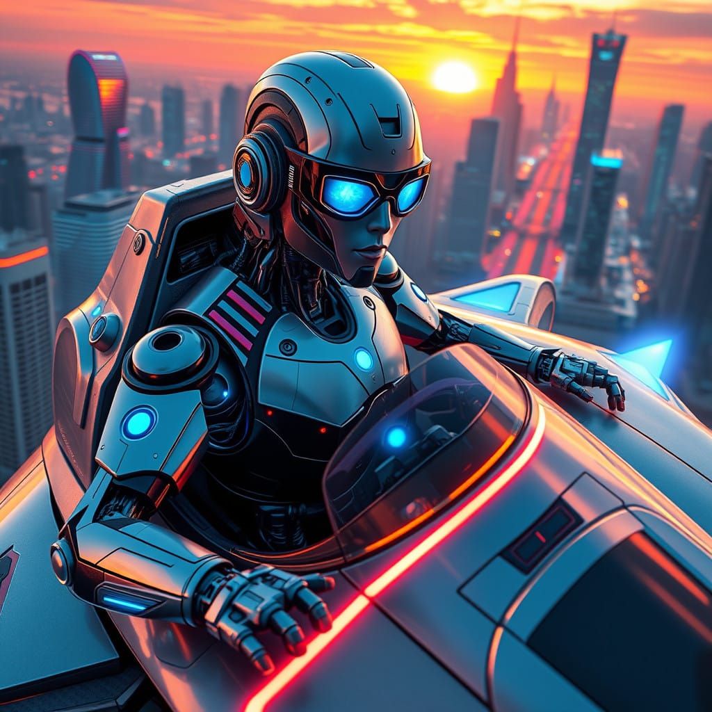 Robot Driver Cruises Through Cyberpunk City in Futuristic Fl...