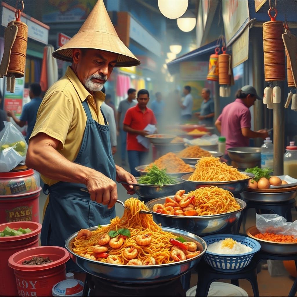 Bangkok street vendor preparing his dishes of Thai stir fried noodles and shrimps and mango sticky rice