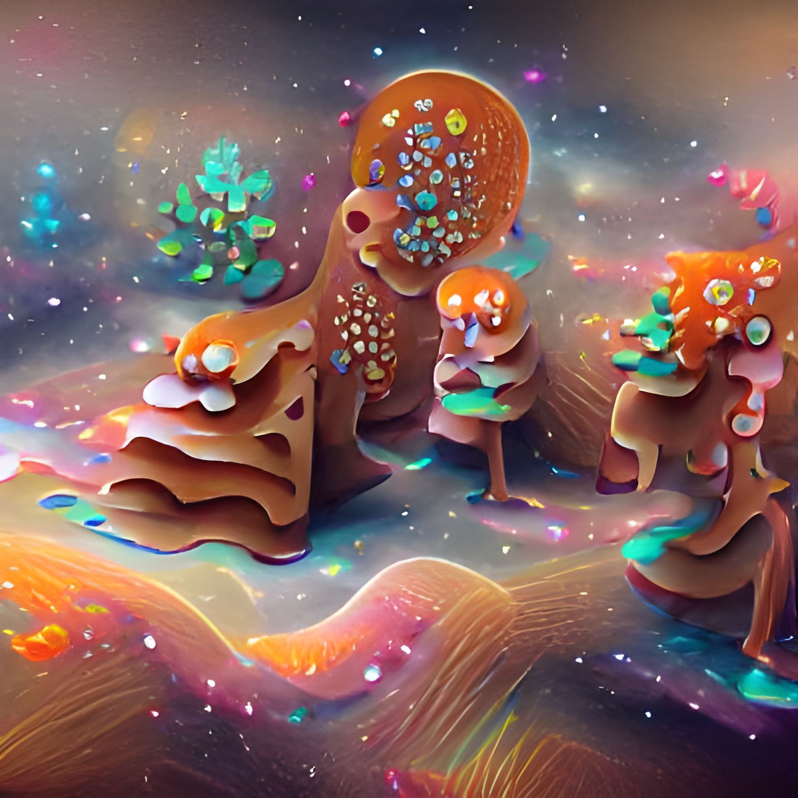Cosmic Gingerbread Forest in Mixed Media Style