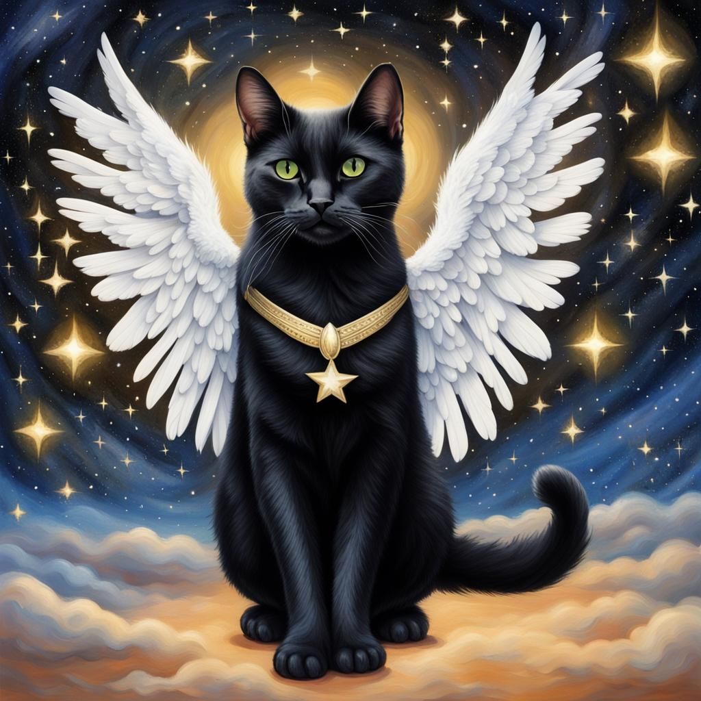 Tuxedo Cat with Angel Wings Among Stars