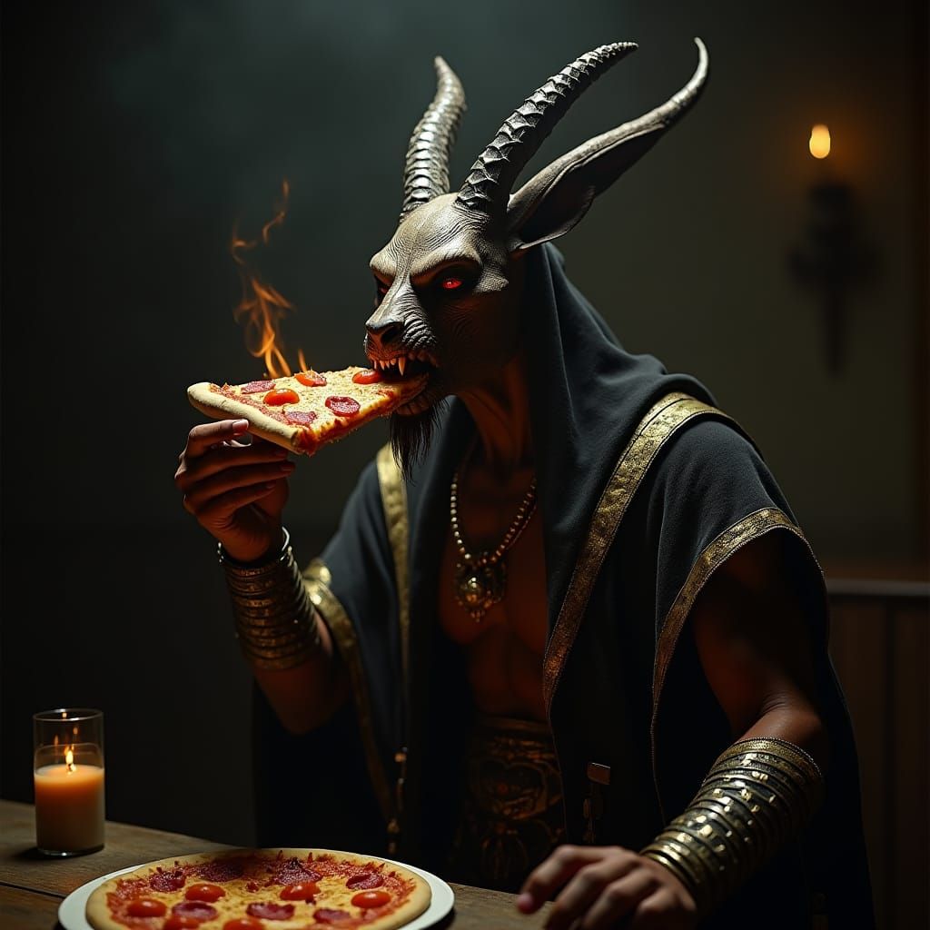 Anubis Devouring Pizza: Photorealistic Oil Painting