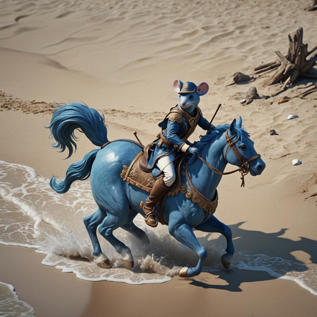 Mouse Rides Blue Horse on Beach: 3D Cinematic