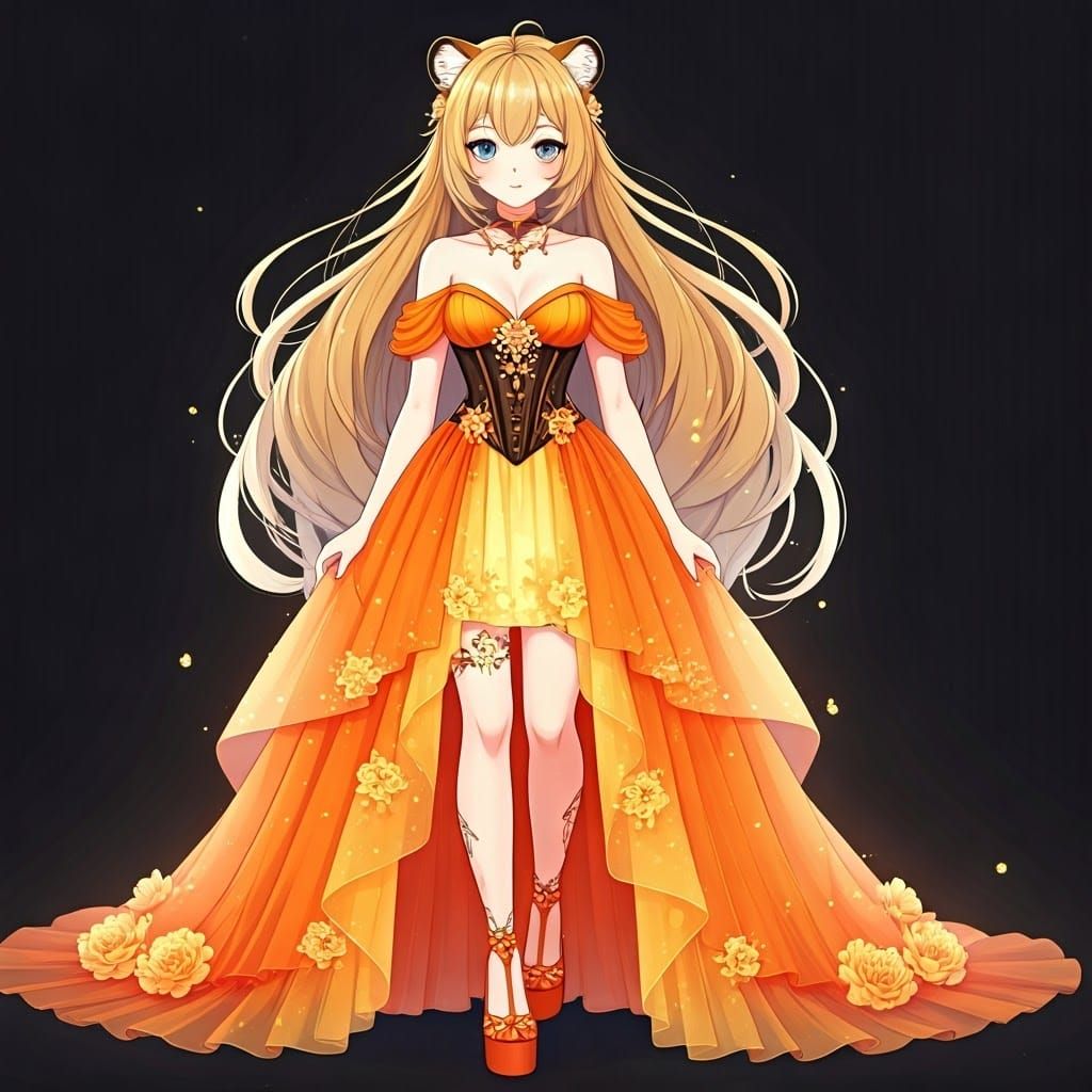 Feminine Tiger Woman in Vibrant Orange Gown