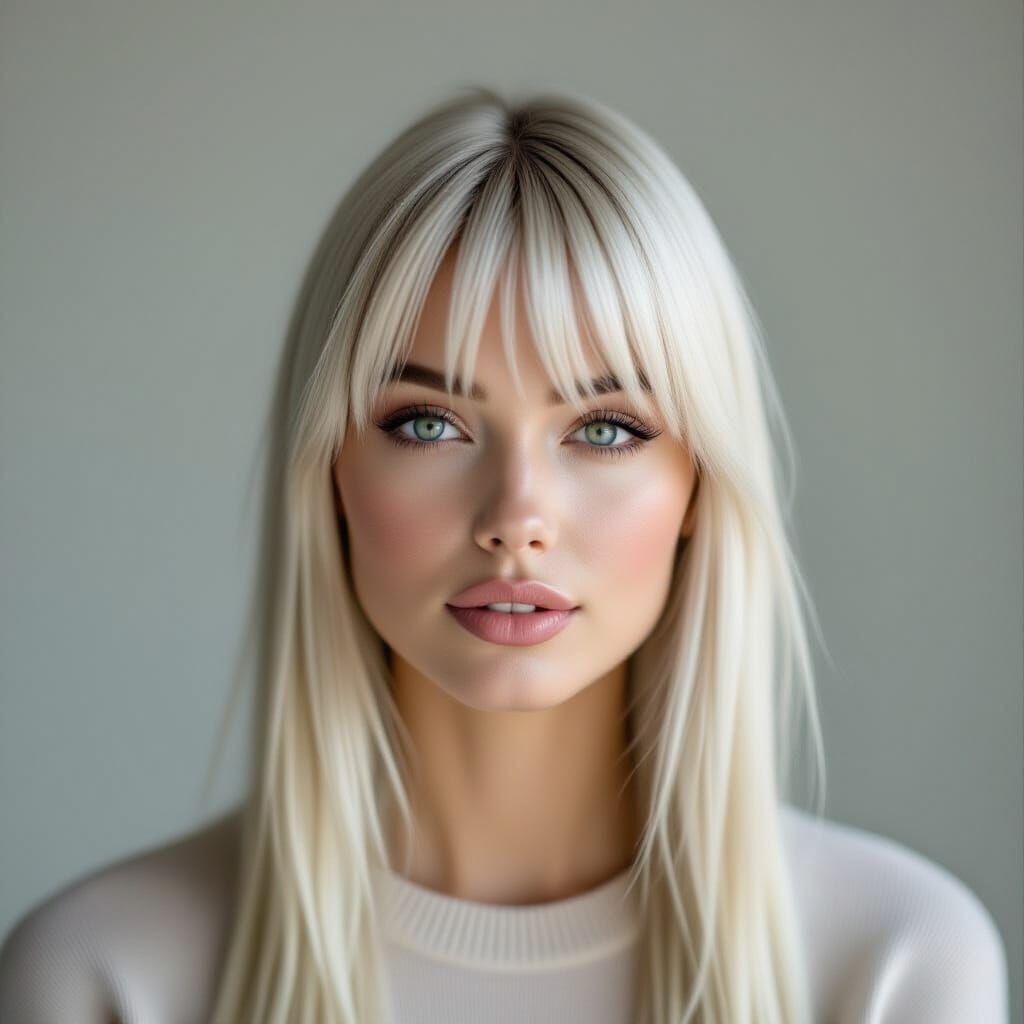 photograph of a person with platinum blonde straight hair and blunt bangs. The hair extends past the shoulders with a sl...