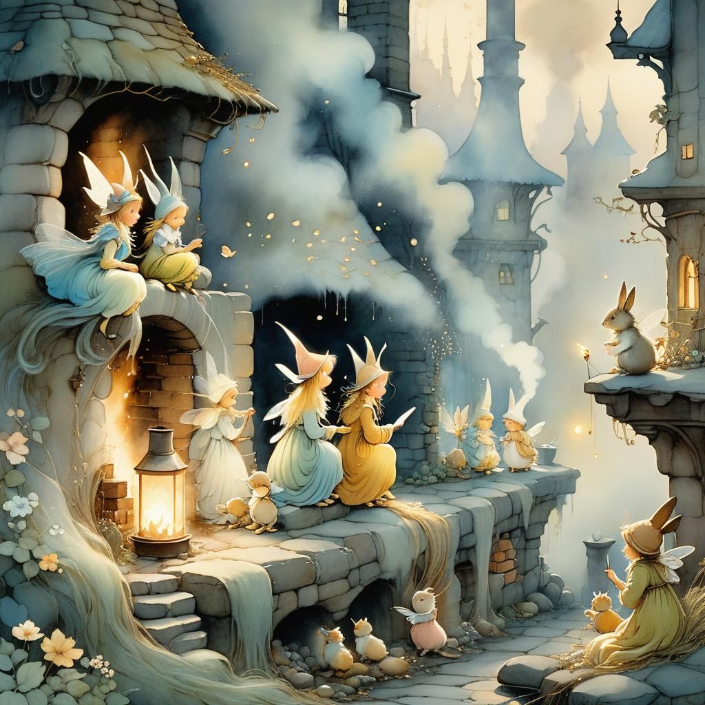 Fairies Singing Around Chimney: Whimsical Fantasy Illustrati...