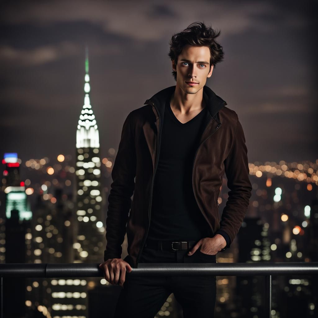 Young Man on Skyscraper Roof at Night