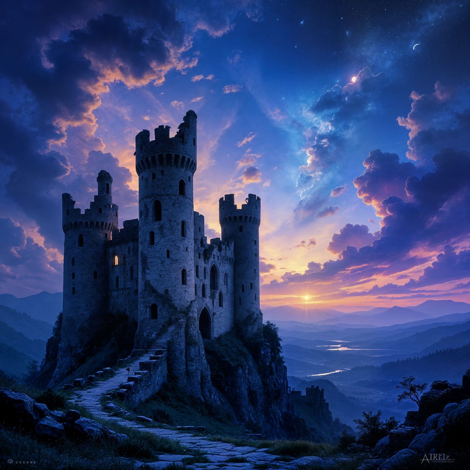 Ancient Crumbling Castle Silhouette at Dusk