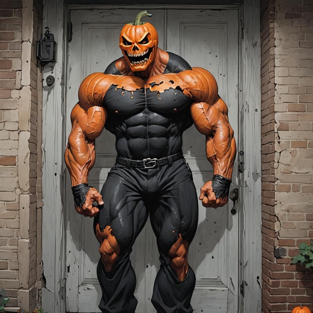 Giant Jack-o'-Lantern Bodybuilder Knocks on Door