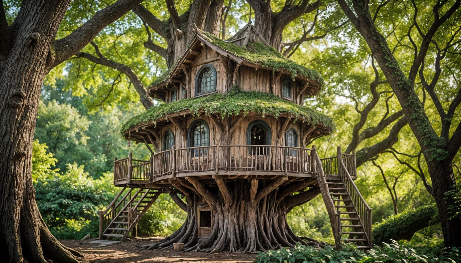 Whimsical Elven Treehouse Amidst Ancient Oak