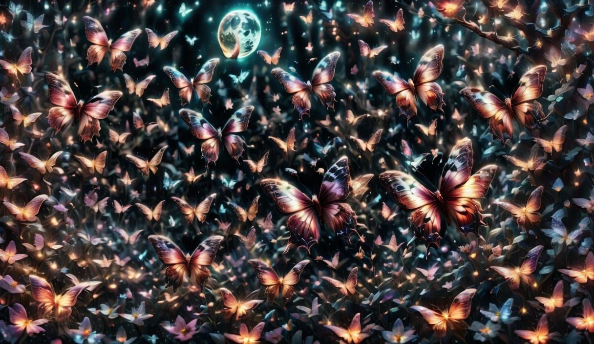 Stained Glass Butterfly in Moonlit Garden, Digital Art