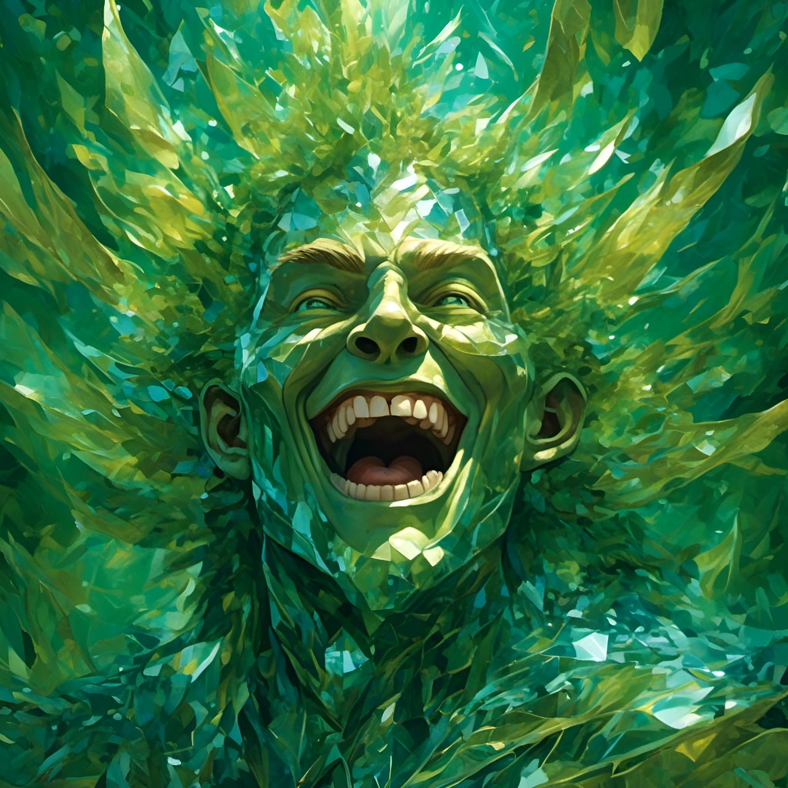 Hyperreal Green Man Emerges From Shattered Glass