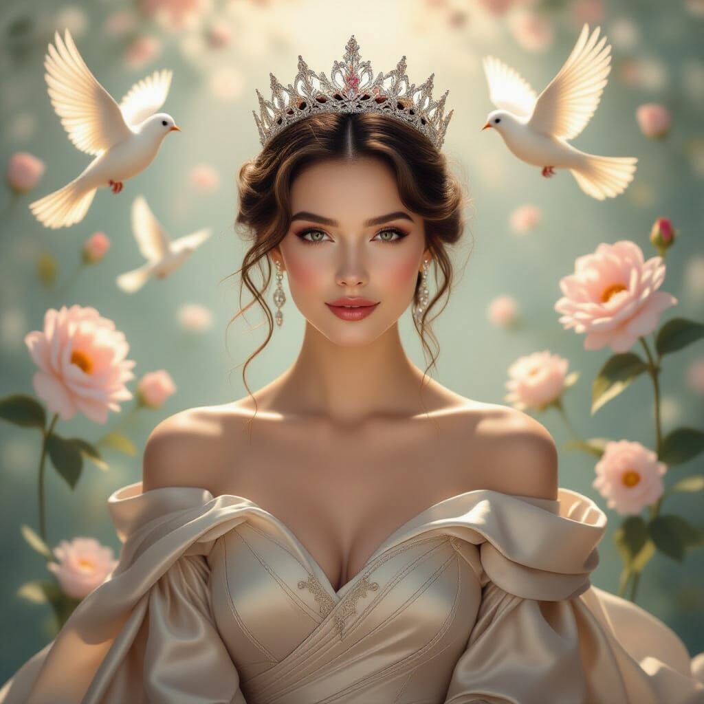 Gentle Queen with Glowing Birds and Flowers in Pastel Light