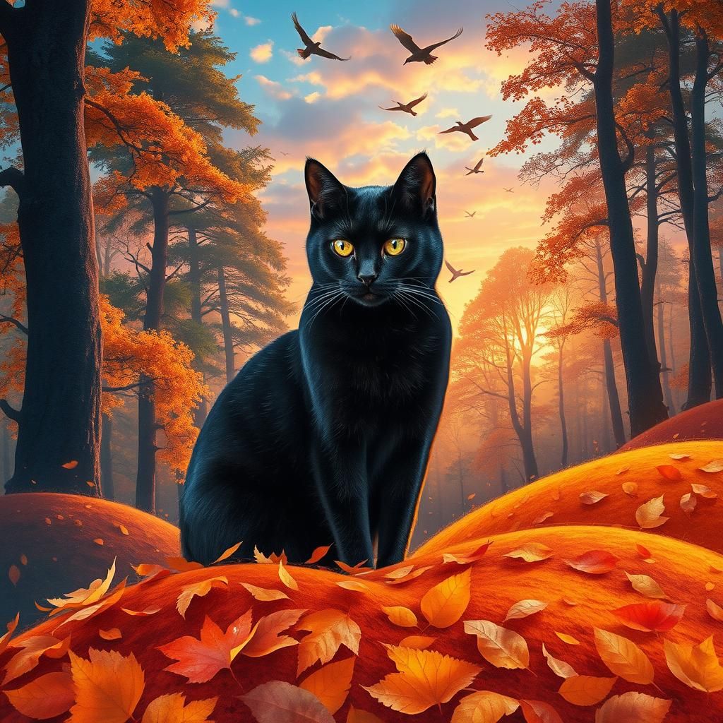 Sleek black cat in a Fall setting
