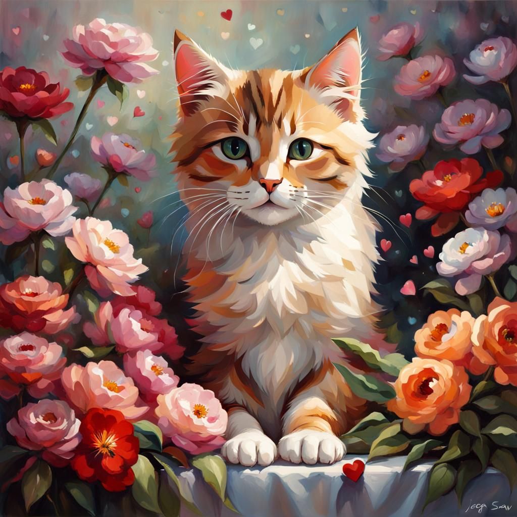 Cute Cat Surrounded by Flowers and Lights