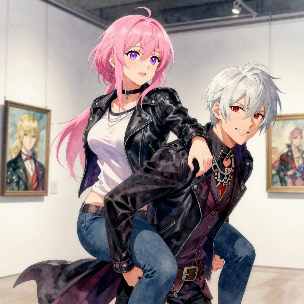 Woman Riding Man in Art Gallery Watercolor Painting