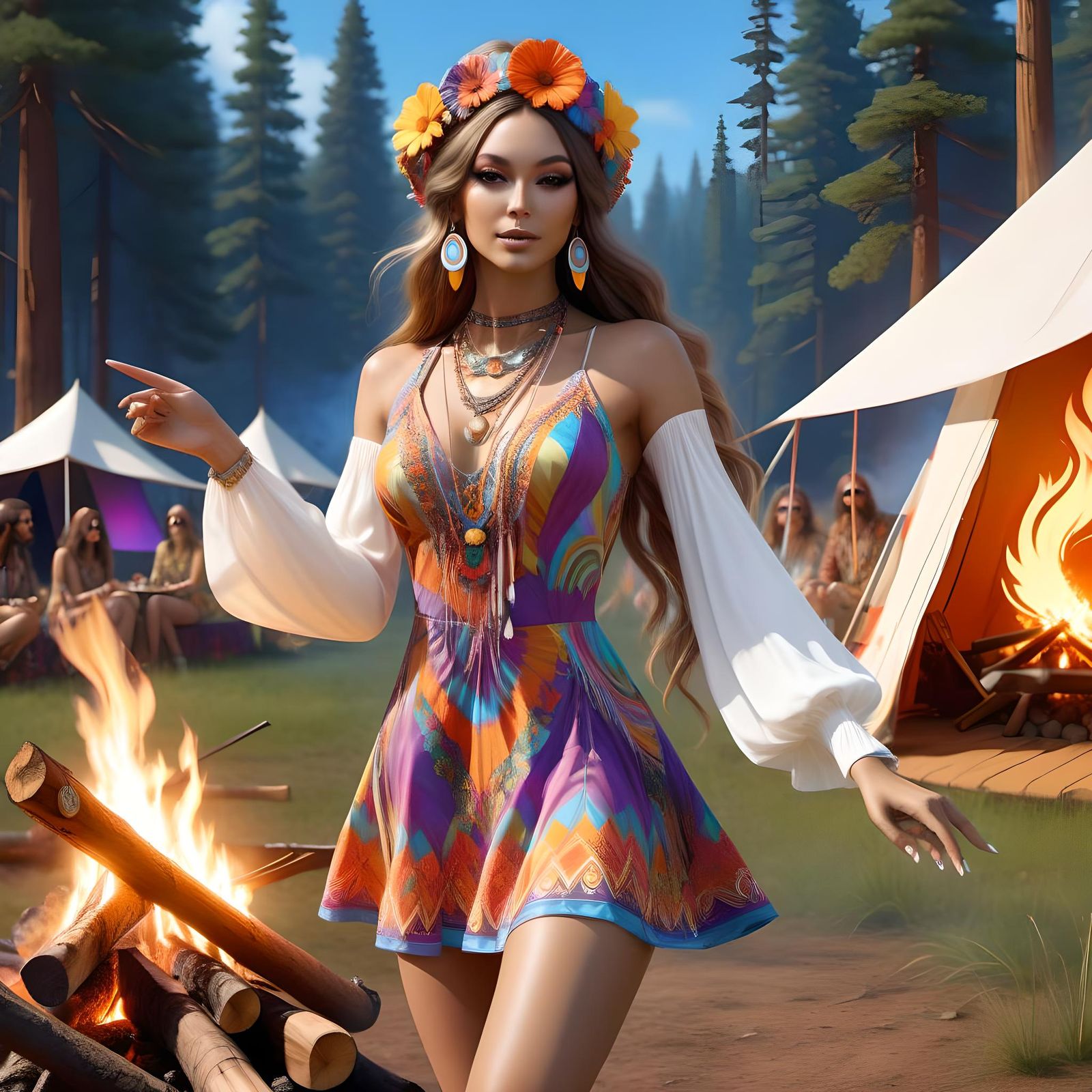 Groovy Hippie Chick Dancing at Campfire