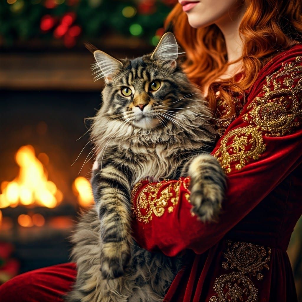a beautiful fluffy mainecoon cat being held by a beautiful ginger hair women in a fancy Christmas dress covered in loose...