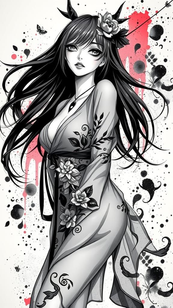 Mysterious Anime Goddess in Ink Splash Elegance
