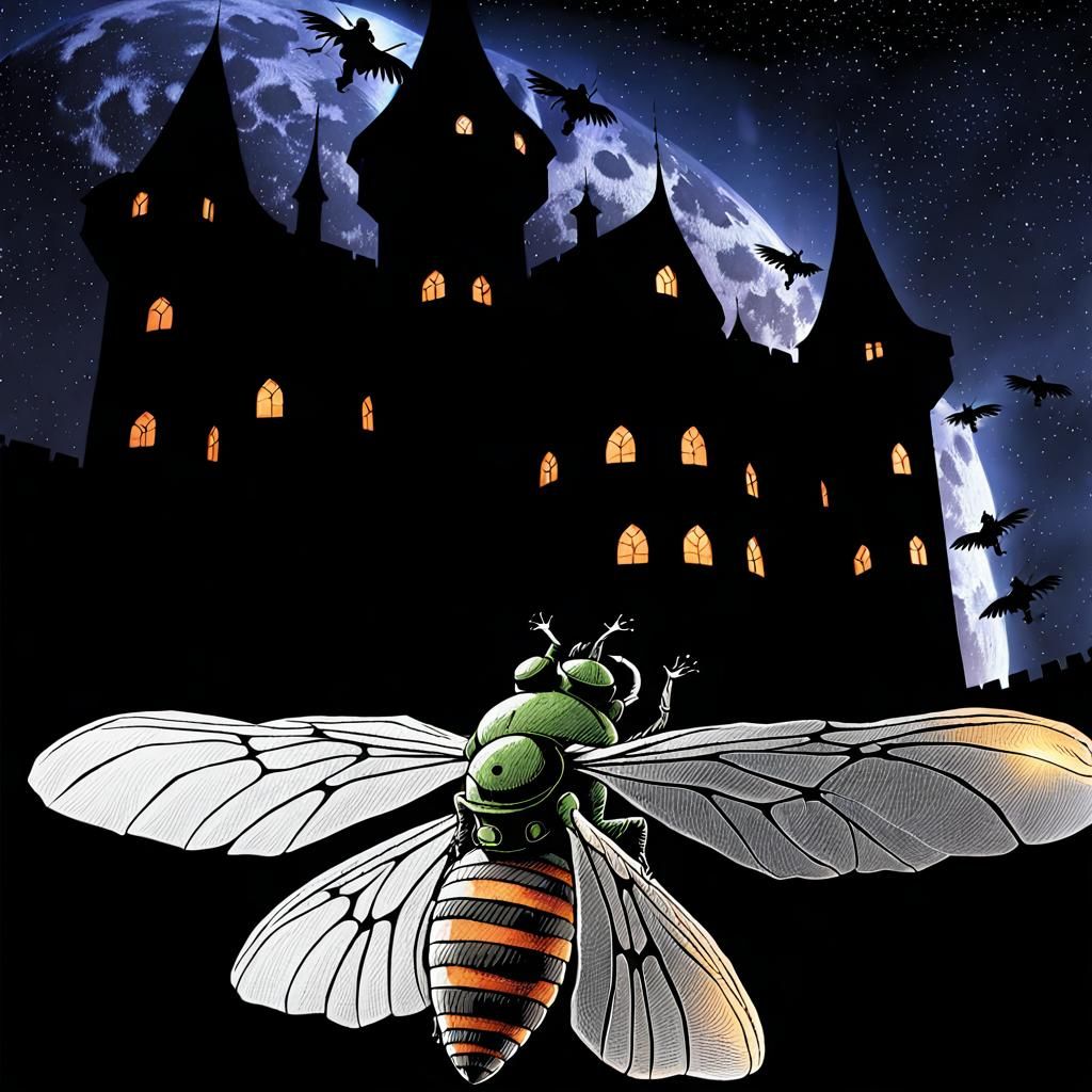 Witches Fly Over Castle on Broomsticks