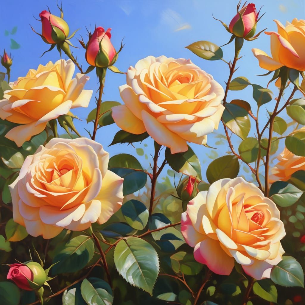 Impressionist Oil Painting of Roses in Golden Light