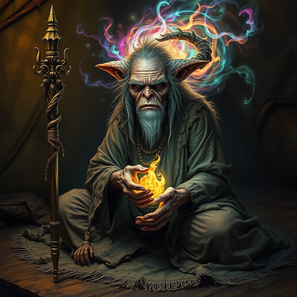 Elderly Bugbear Seer with Glowing Staff in Dark Fantasy Styl...