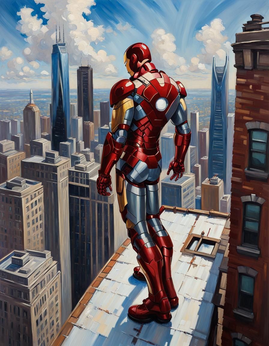 Iron Man Overlook: Oil Painting Cityscape