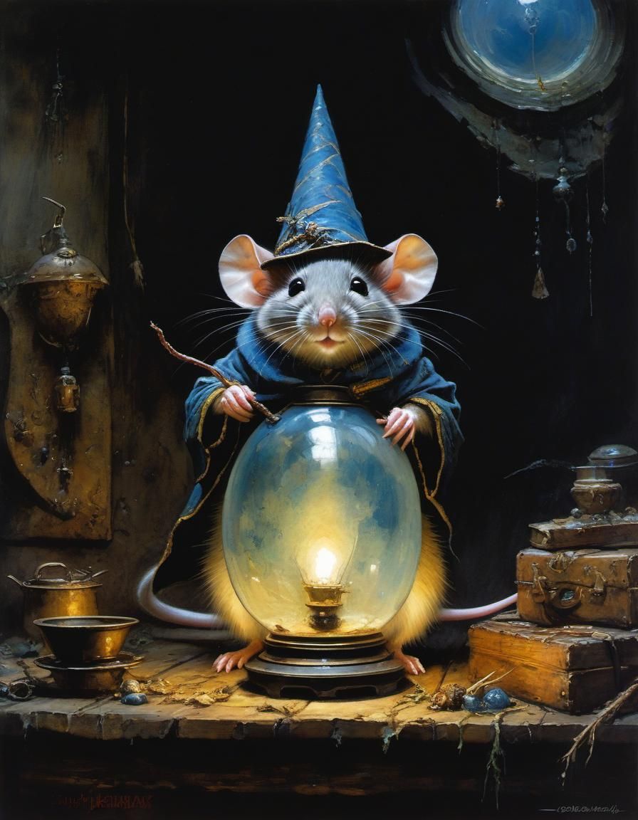 Mouse Wizard in Dark Hut, Watercolor Oil Painting