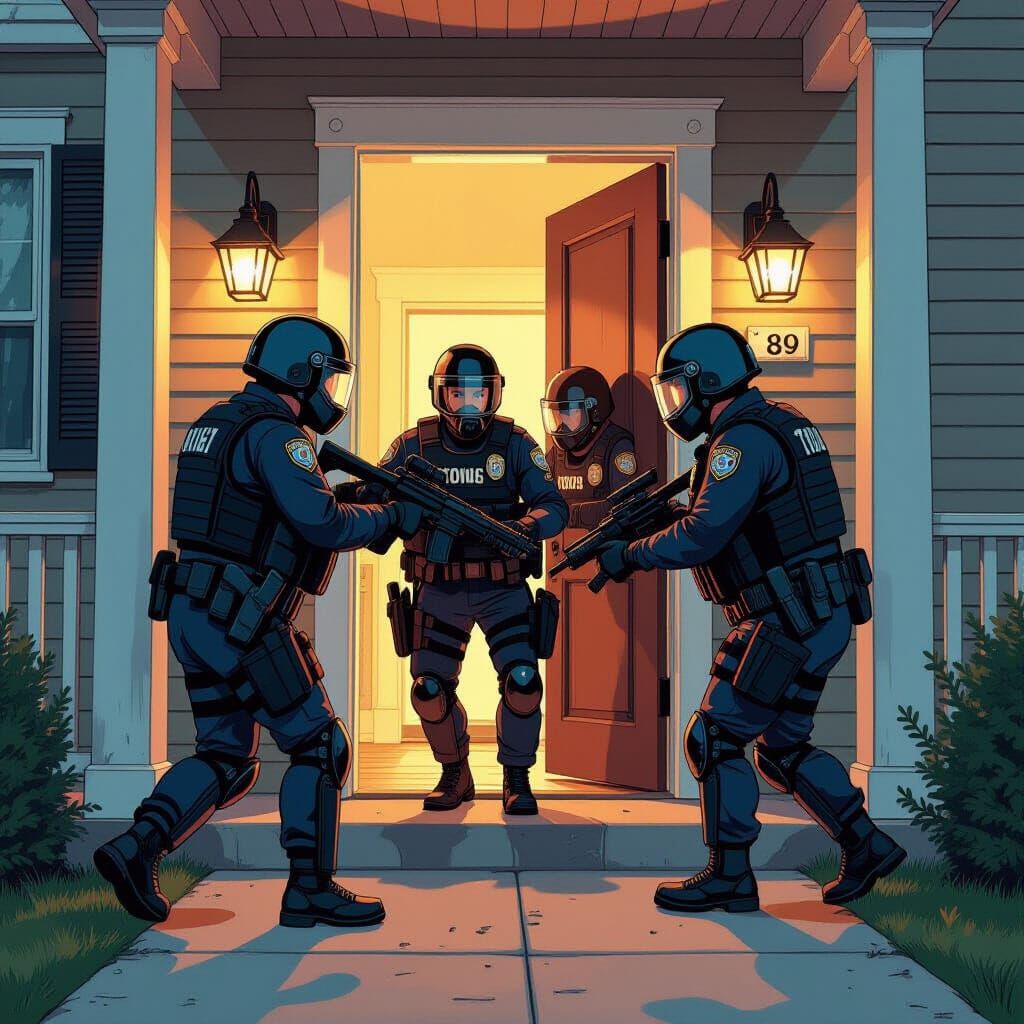 Cartoon Cops Raid House in Stylized Illustration