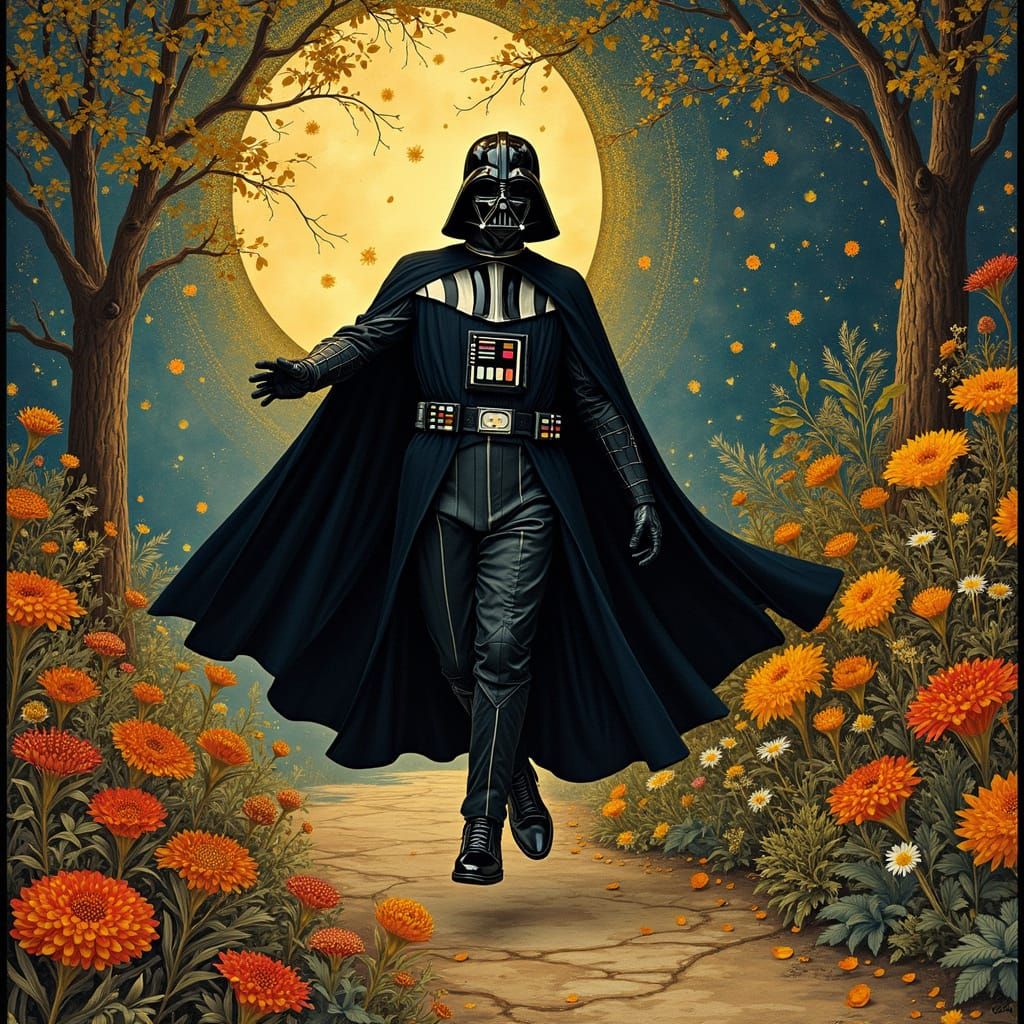 Dark Lord Dances Amidst Golden Florals in a Whimsical Garden