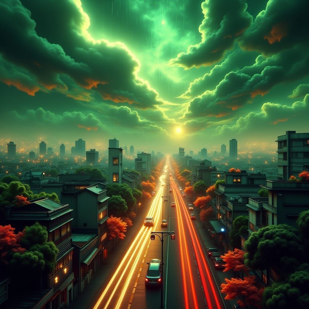 Neon Cityscape with Swirling Clouds