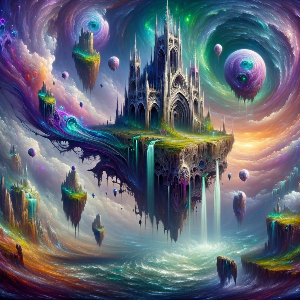 Surreal Floating Islands with Gothic Architecture and Upward...