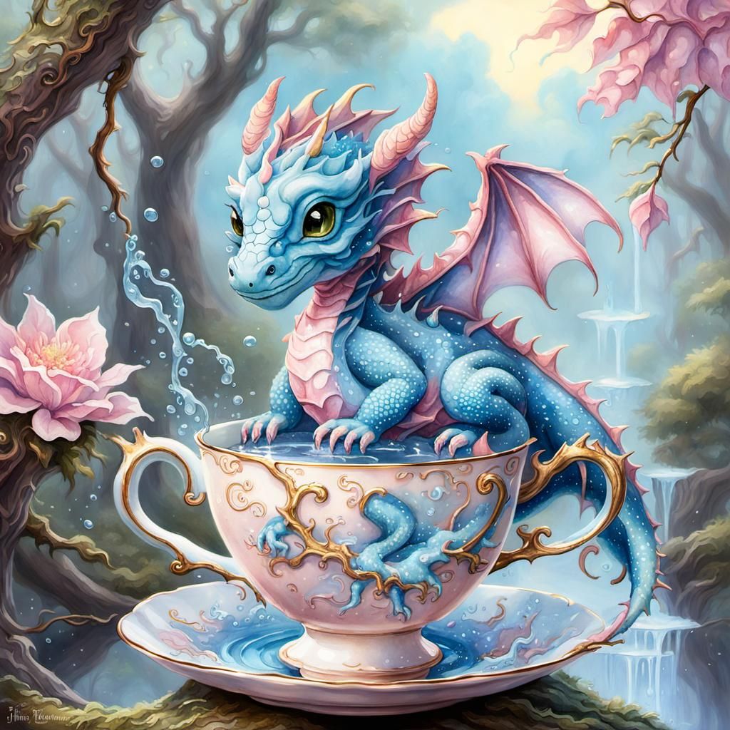 Cute Dragon in Teacup Tree: Ethereal Watercolor Art