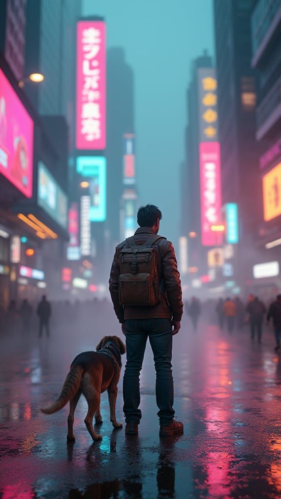 Lone Wanderer & Dog in Futuristic Neon Cityscape