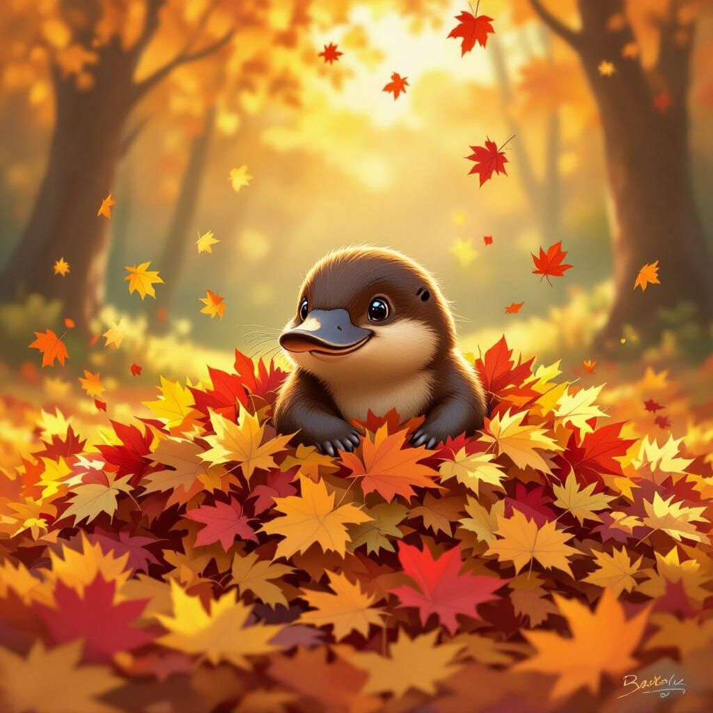Young Platypus Plays in Autumn Leaves