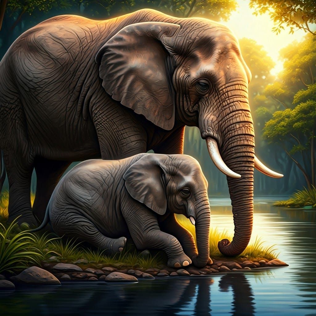 Elephant Family Sleeps in Forest: Hyperrealistic Splash Art