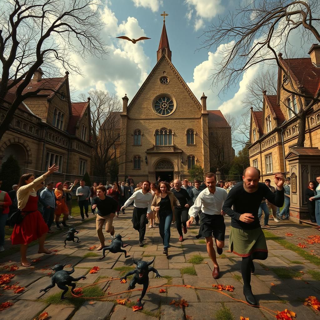 Demons Chase People in a Bosch-Inspired Landscape