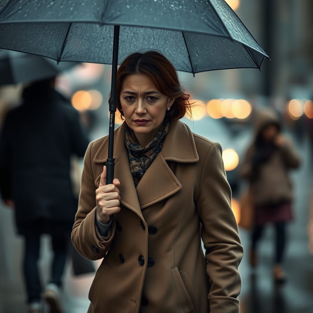 Woman Walking Alone on Rainy Day in Shallow Depth of Field