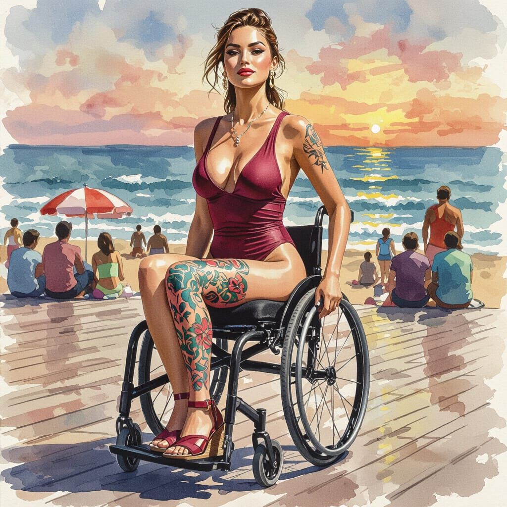 Glamorous Woman Poses on Boardwalk in Watercolor Style
