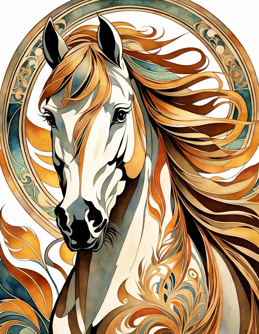 Galloping Mustang in Art Deco Watercolor Style