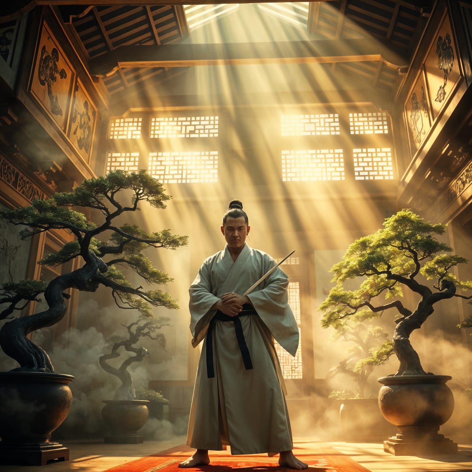 Martial Arts Master Meditates in Fantasy Dojo