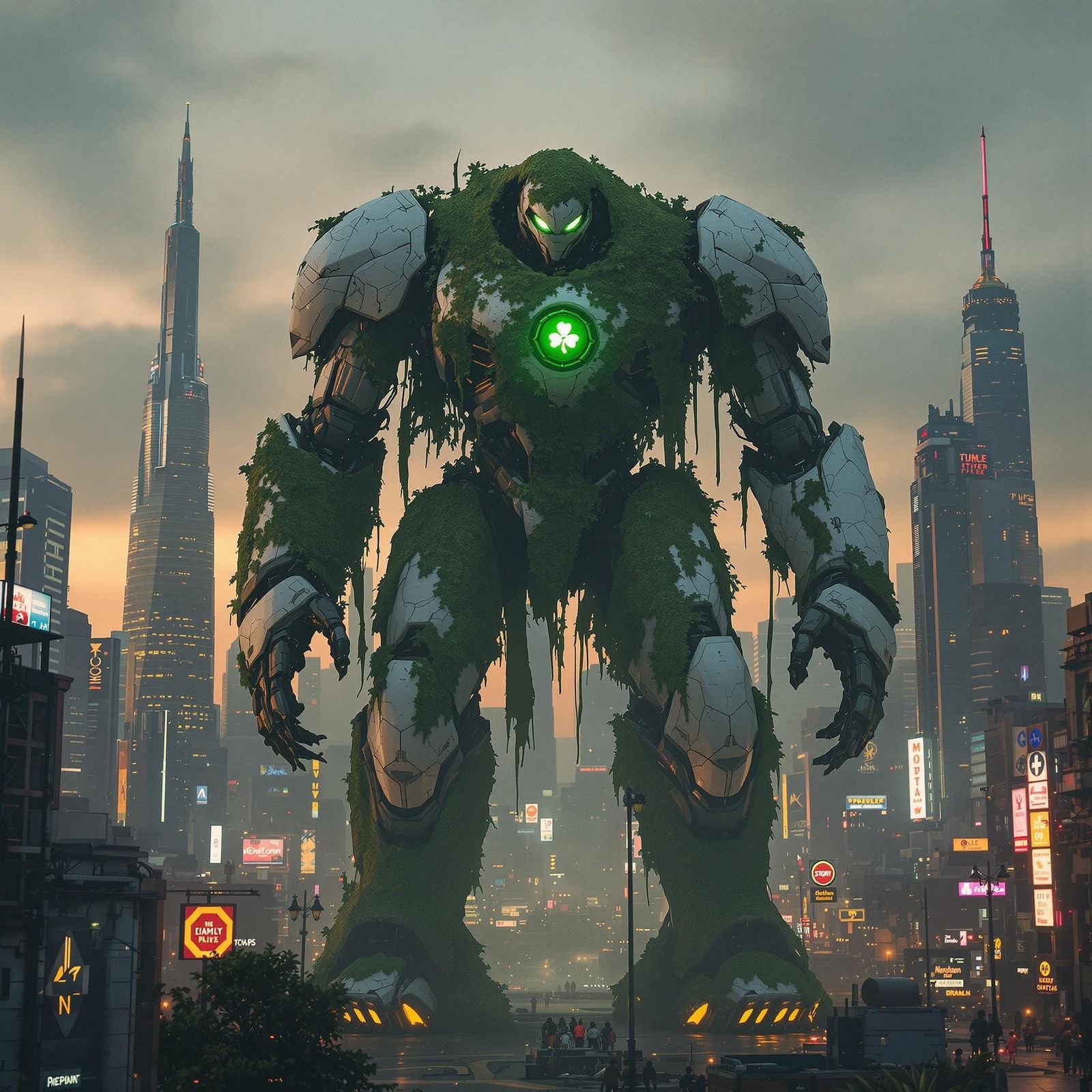 Majestic Green Mech in Futuristic Cityscape