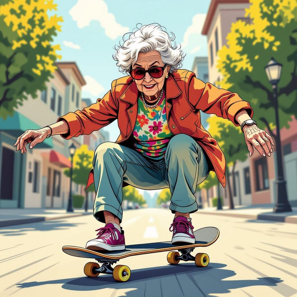 Elderly Skateboarder Performs Trick in Comic Style